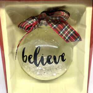 Glass Snow Globe BELIEVE Plaid Bow Christmas Ornament NEW Willow Street Designs